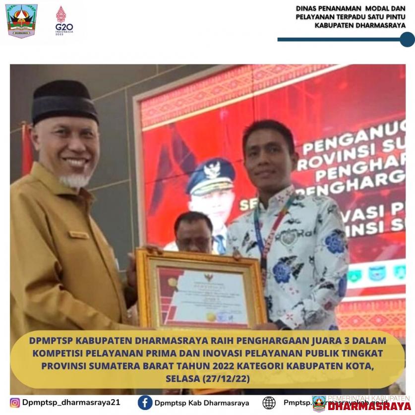 ALHAMDULILAH DPMPTSP DHARMASRAYA BERPRESTASI DI TINGKAT PROVINSI SUMATERA BARAT TAHUN 2022