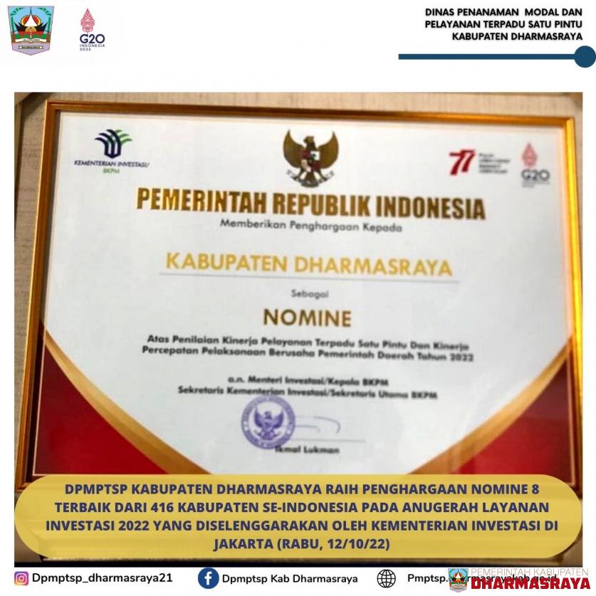 DPMPTSP KABUPATEN DHARMASRAYA RAIH PENGHARGAAN NOMINE 8 TERBAIK DARI ...